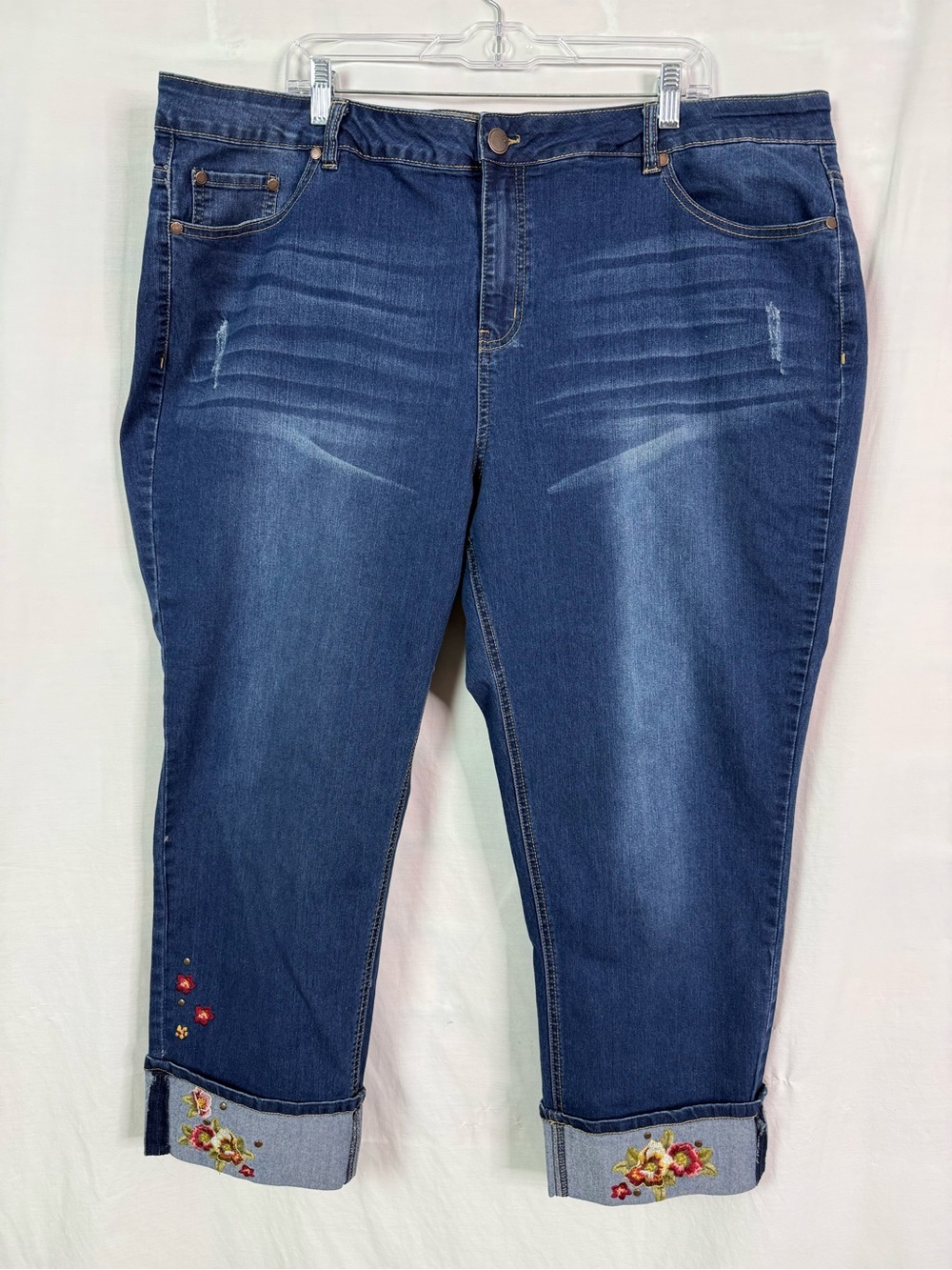 Avenue Dark Blue Ankle Jeans Floral Cuff Embroidery NWOT 24